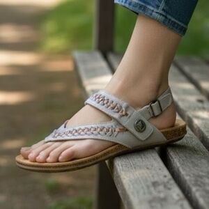 Biza Lexi thong sandals grey whiskey leather woven strap Boho Earthy Natural